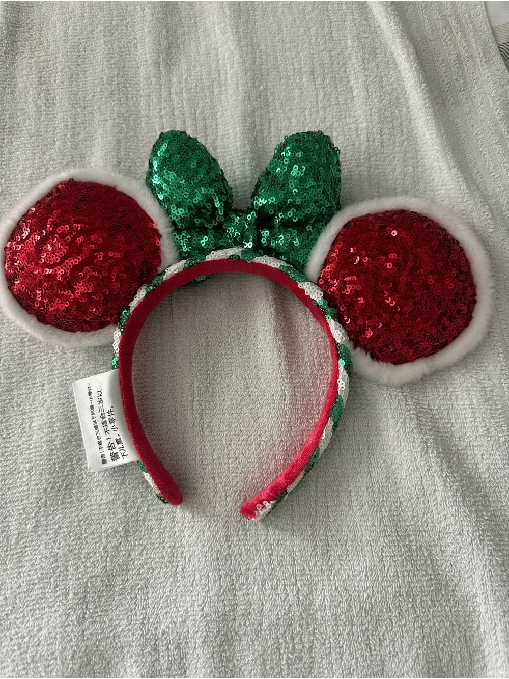 Disney Red Sequin Mouse Ears Headband with Green Bow